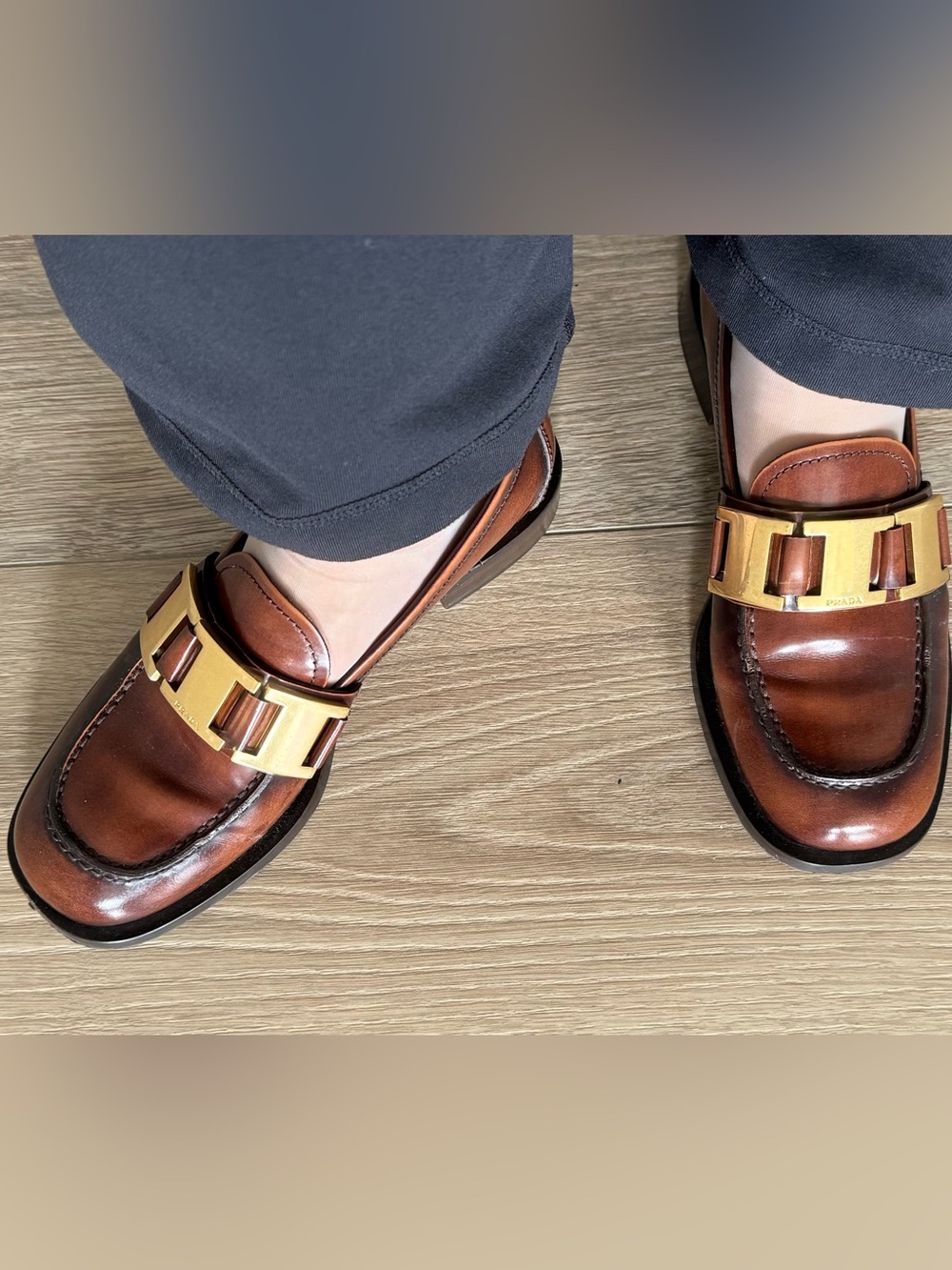 Prada Brown Leather Loafers with Gold Buckle - Picture 10 of 11
